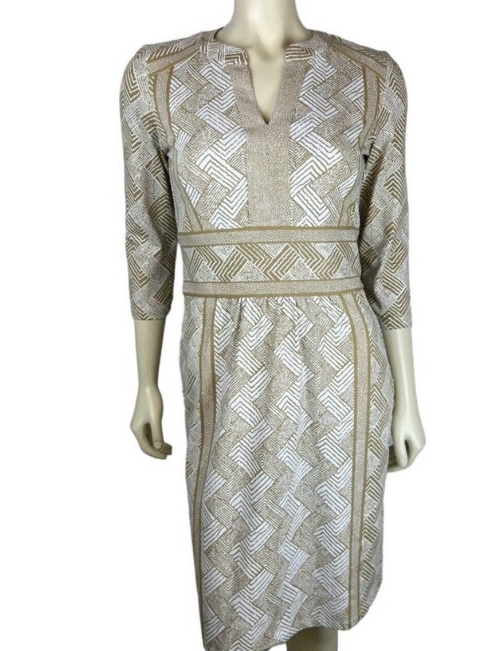 J McLaughlin Lola Beige & White Geometric Notch-Neck Midi Dress